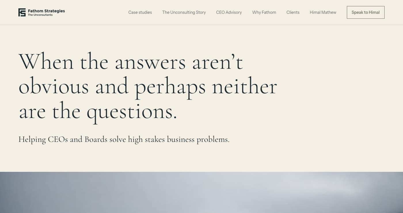 The homepage introduces Fathom’s approach to complex business decisions.